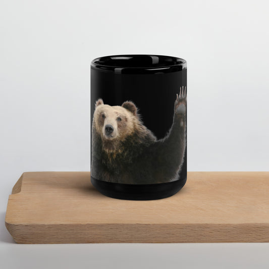 Waving Grizzly Black Glossy Mug