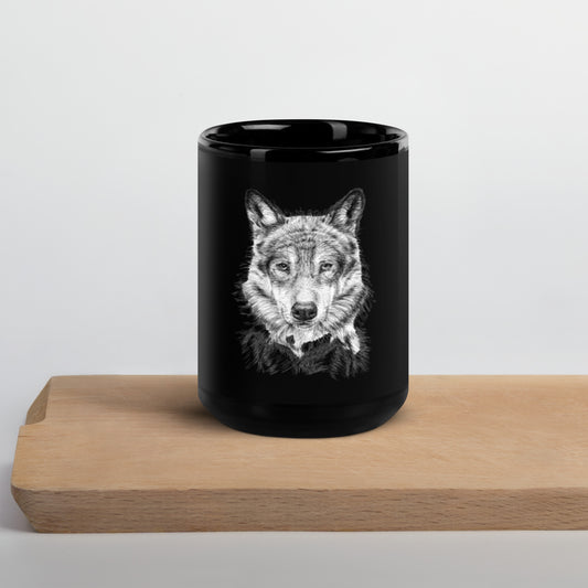 Wolf Head (black&white) Black Glossy Mug