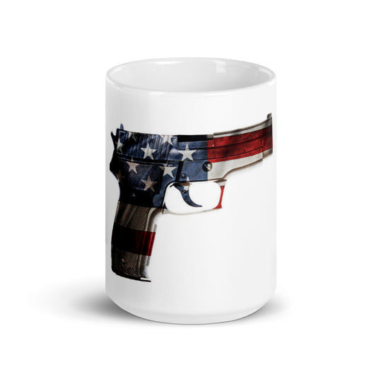 Red, White, and Blue Pistol White glossy mug