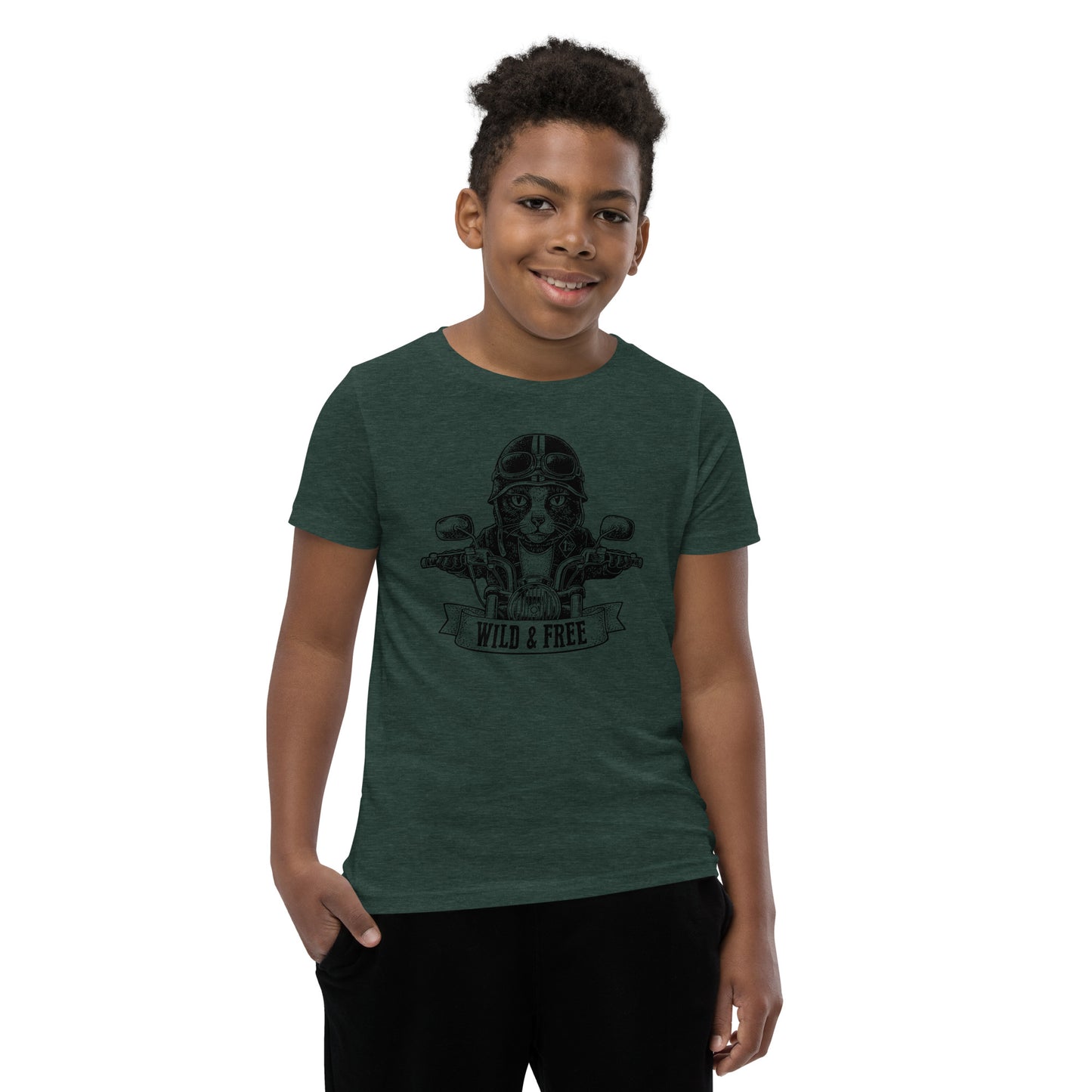 Cat Biker Wild & Free Youth Short Sleeve T-Shirt